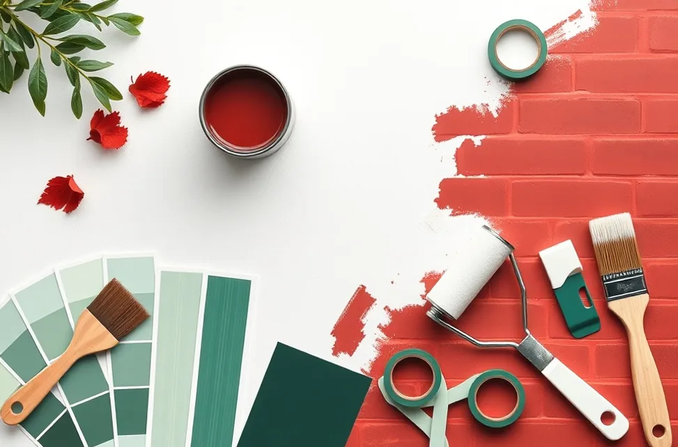 Pots de peinture, nuancier, brosses et rouleaux disposés à plat
