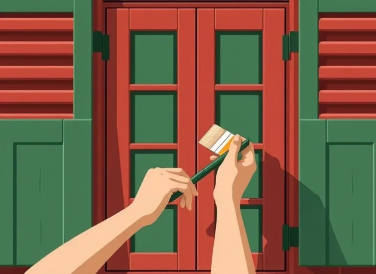 Mise en peinture au pinceau de volets et d'encadrements en bois