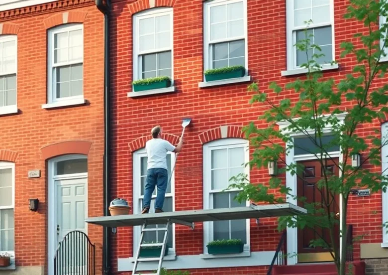 Peintre sur échafaudage traitant la façade d'une maison